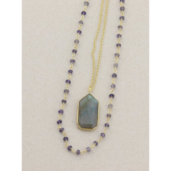 Gold Over Sterling Silver Long Labradorite Layered Necklace 30" - Picture 6 of 9